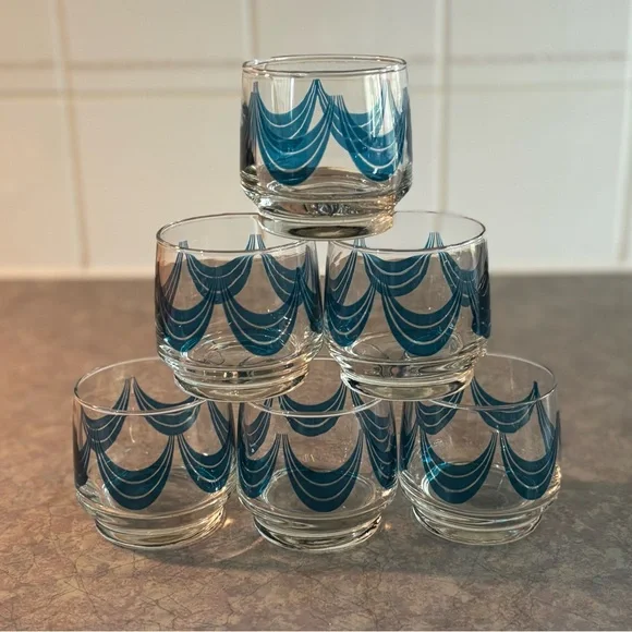 60/70's Lowball Glasses - 6 - Aqua Glassware - 60's Barcart Glasses - Barware - Picture 1 of 9